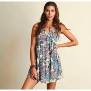 Umgee Women's Ditsy Paisley Bohemian Baby Doll Mini Tunic Sleeveless Dress S